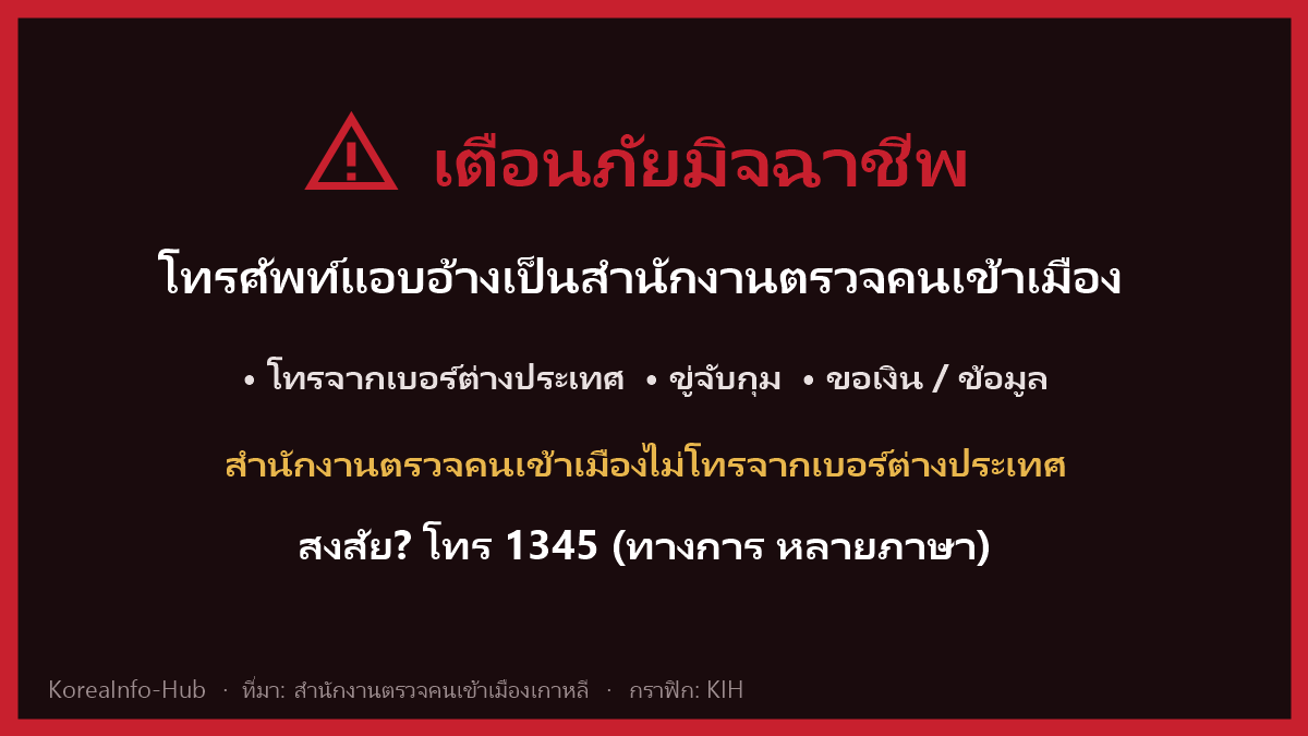 เตือนภัยแอบอ้างตรวจคนเข้าเมืองเกาหลี — โทร 1345 เพื่อตรวจสอบ